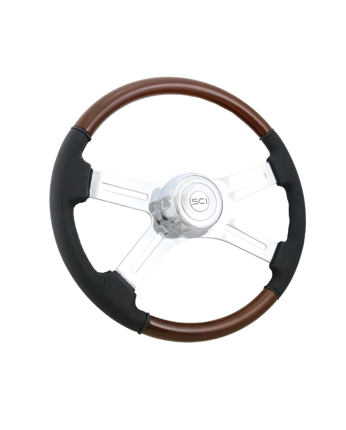 SCI480-3003-77502-Classic Combo - 18" Wood & Leather Rim, Chrome 4-Spoke w/Slot Cut Outs, Chrome Bezel, Chrome Horn Button