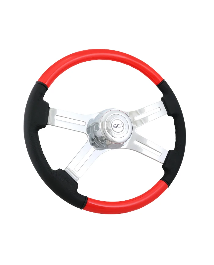 SCI542-3003-77502-Classic Combo Viper Red - 18" Wood & Leather Rim, Chrome 4-Spoke w/Slot Cut Outs, Chrome Bezel, Chrome Horn Bu