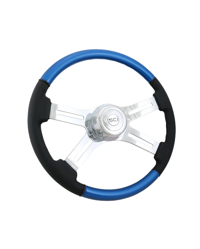 SCI543-3003-77502-Classic Combo Blue - 18" Wood & Leather Rim, Chrome 4-Spoke w/Slot Cut Outs, Chrome Bezel, Chrome Horn Button SCI543-3003-77502-Classic Combo Blue - 18" Wood & Leather Rim, Chrome 4-Spoke w/Slot Cut Outs, Chrome Bezel, Chrome Horn Button