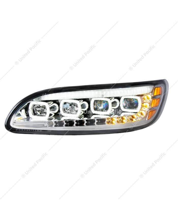 UP35841 - Chrome Quad-LED Headlight With LED DRL & Seq. Signal For 2005-2015 Peterbilt 386- Driver