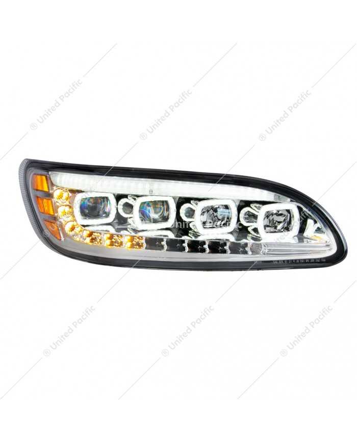 UP35842 - Chrome Quad-LED Headlight With LED DRL & Seq. Signal For 2005-2015 Peterbilt 386- Passenger