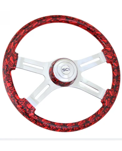 SCI536-3036-77502-Skulls Viper Red - 18" Printed Wood Rim, Chrome 4-Spoke w/Slot Cut Outs, Matching Bezel, Chrome Horn Button - SCI536-3036-77502-Skulls Viper Red - 18" Printed Wood Rim, Chrome 4-Spoke w/Slot Cut Outs, Matching Bezel, Chrome Horn Button -