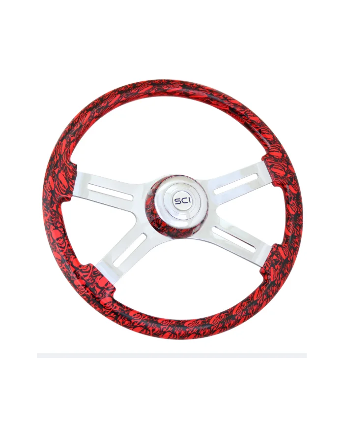 SCI536-3036-77502-Skulls Viper Red - 18" Printed Wood Rim, Chrome 4-Spoke w/Slot Cut Outs, Matching Bezel, Chrome Horn Button - SCI536-3036-77502-Skulls Viper Red - 18" Printed Wood Rim, Chrome 4-Spoke w/Slot Cut Outs, Matching Bezel, Chrome Horn Button -