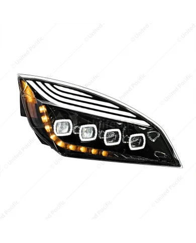 UP36727 - Black Quad-LED Headlight With LED DRL & Seq. Signal For 2018-2024 Freightliner Cascadia - Passenger
