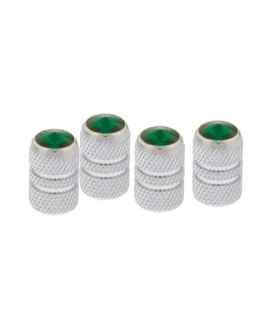 UP69992-Chrome Tubular Valve Caps With Green Crystal (Set of 4)