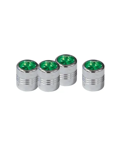 UP70056-Chrome Round Valve Caps With Green Crystal (4-Pack)