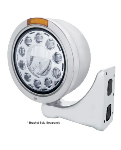 UP31568-Stainless Bullet Half Moon Headlight 11 LED Bulb & Dual Mode LED Signal - Amber Lens