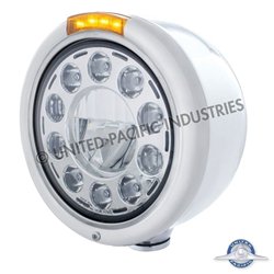 UP31570-Stainless Classic Half Moon Headlight 11 LED Bulb & LED Signal - Amber Lens