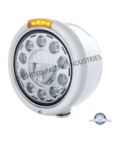 UP31570-Stainless Classic Half Moon Headlight 11 LED Bulb & LED Signal - Amber Lens