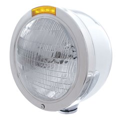 UP31704-Stainless Steel Bullet Half Moon Headlight 6014 Bulb & LED Turn Signal - Amber Lens