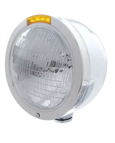 UP31704-Stainless Steel Bullet Half Moon Headlight 6014 Bulb & LED Turn Signal - Amber Lens
