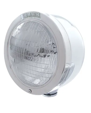UP31705-Stainless Steel Bullet Half Moon Headlight 6014 Bulb & LED Turn Signal - Clear Lens