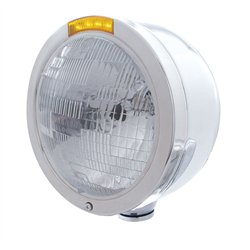 UP31707-Stainless Steel Bullet Half Moon Headlight H6024 Bulb & LED Turn Signal - Amber Lens
