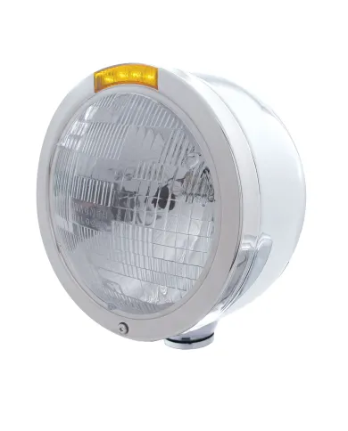 UP31707-Stainless Steel Bullet Half Moon Headlight H6024 Bulb & LED Turn Signal - Amber Lens