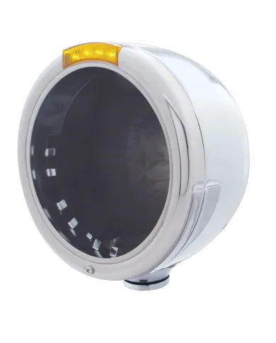 UP31716-Stainless Steel Classic Half Moon Headlight No Bulb With LED Turn Signal - Amber Lens