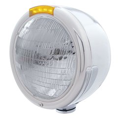 UP31719-Stainless Steel Classic Half Moon Headlight 6014 Bulb & LED Turn Signal - Amber Lens