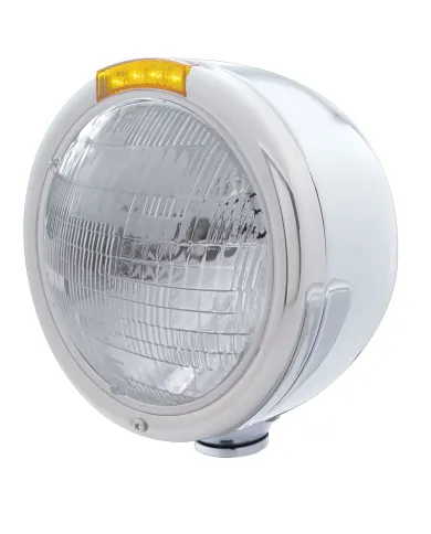 UP31719-Stainless Steel Classic Half Moon Headlight 6014 Bulb & LED Turn Signal - Amber Lens