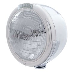 UP31720-Stainless Steel Classic Half Moon Headlight 6014 Bulb & LED Turn Signal - Clear Lens