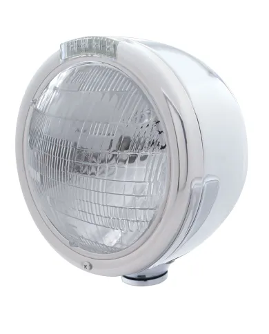 UP31720-Stainless Steel Classic Half Moon Headlight 6014 Bulb & LED Turn Signal - Clear Lens