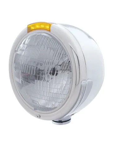 UP31722-Stainless Steel Classic Half Moon Headlight H6024 Bulb & LED Turn Signal - Amber Lens
