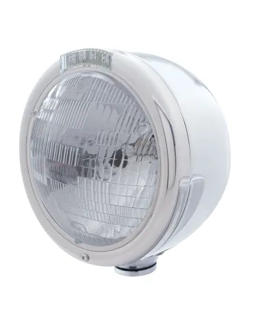 UP31723-Stainless Steel Classic Half Moon Headlight H6024 Bulb & LED Turn Signal - Clear Lens