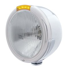 UP31725-Stainless Steel Classic Half Moon Headlight H4 Bulb & LED Turn Signal - Amber Lens
