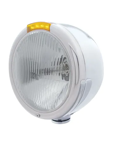 UP31725-Stainless Steel Classic Half Moon Headlight H4 Bulb & LED Turn Signal - Amber Lens