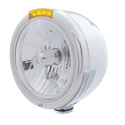 UP31728-Stainless Steel Classic Half Moon Headlight Crystal H4 Bulb & LED Turn Signal - Amber Lens