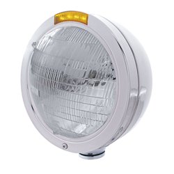 UP31734-Stainless Steel Bullet Classic Headlight 6014 Bulb & LED Turn Signal - Amber Lens