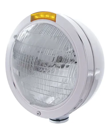 UP31734-Stainless Steel Bullet Classic Headlight 6014 Bulb & LED Turn Signal - Amber Lens