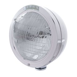 UP31735-Stainless Steel Bullet Classic Headlight 6014 Bulb & LED Turn Signal - Clear Lens