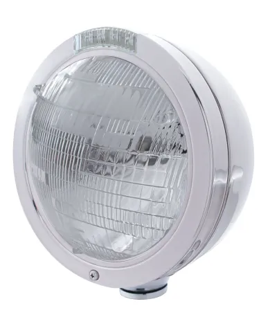 UP31735-Stainless Steel Bullet Classic Headlight 6014 Bulb & LED Turn Signal - Clear Lens