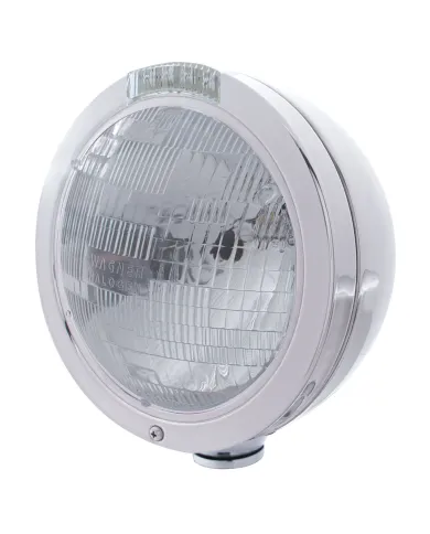 UP31738-Stainless Steel Bullet Classic Headlight H6024 Bulb & LED Turn Signal - Clear Lens