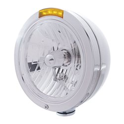 UP31743-Stainless Steel Bullet Classic Headlight Crystal H4 Bulb & LED Turn Signal - Amber Lens
