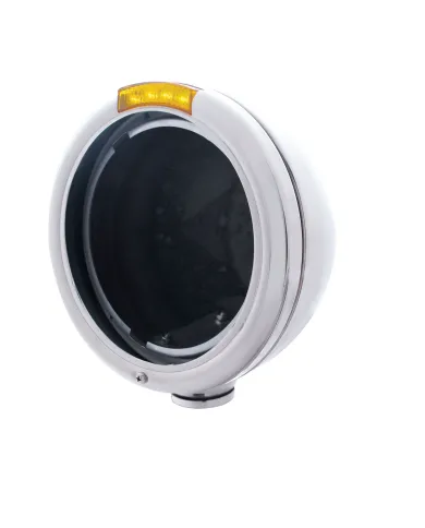 UP31746-Stainless Steel Classic Headlight No Bulb With LED Turn Signal - Amber LED/Amber Lens