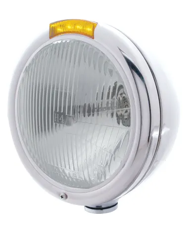 UP31755-Stainless Steel Classic Headlight H4 Bulb & LED Turn Signal - Amber Lens