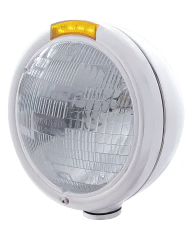 UP31767-Chrome Classic Headlight H6024 Bulb & LED Turn Signal - Amber Lens