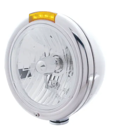 UP31773-Chrome Classic Headlight Crystal H4 Bulb & LED Turn Signal - Amber Lens