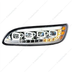UP35841-Chrome Quad-LED Headlight With LED DRL & Seq. Signal For 2005-2015 Peterbilt 386- Driver