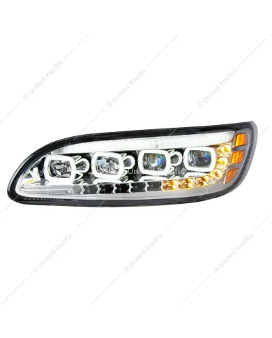 UP35841-Chrome Quad-LED Headlight With LED DRL & Seq. Signal For 2005-2015 Peterbilt 386- Driver