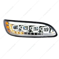 UP35842-Chrome Quad-LED Headlight With LED DRL & Seq. Signal For 2005-2015 Peterbilt 386- Passenger