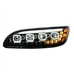 UP35843-Black Quad-LED Headlight With LED DRL & Seq. Signal For 2005-2015 Peterbilt 386- Driver