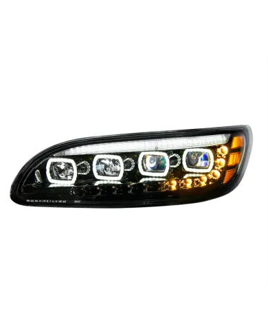 UP35843-Black Quad-LED Headlight With LED DRL & Seq. Signal For 2005-2015 Peterbilt 386- Driver