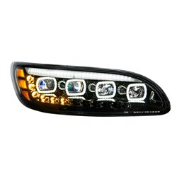 UP35844-Black Quad-LED Headlight With LED DRL & Seq. Signal For 2005-2015 Peterbilt 386- Passenger