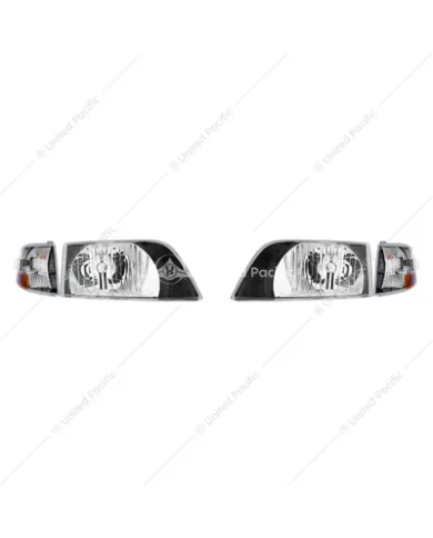 UP36018-Black Bezel Headlight Assembly With Turn Signal For 1996-2003 Volvo VN (Set)