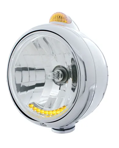 UP32040-Chrome Guide 682-C Headlight H4 With 10 Amber LED & Dual Mode LED Signal - Amber Lens