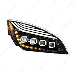UP36727-Black Quad-LED Headlight With LED DRL & Seq. Signal For 2018-2024 Freightliner Cascadia - Passenger