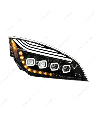 UP36727-Black Quad-LED Headlight With LED DRL & Seq. Signal For 2018-2024 Freightliner Cascadia - Passenger