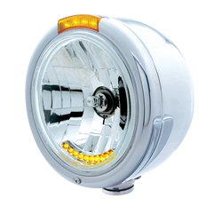 UP32059-Stainless Steel Classic Half Moon Headlight H4 With LED Turn Signal - Amber LED/Lens