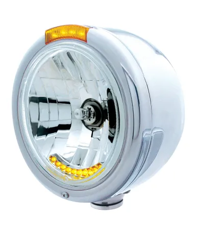 UP32059-Stainless Steel Classic Half Moon Headlight H4 With LED Turn Signal - Amber LED/Lens